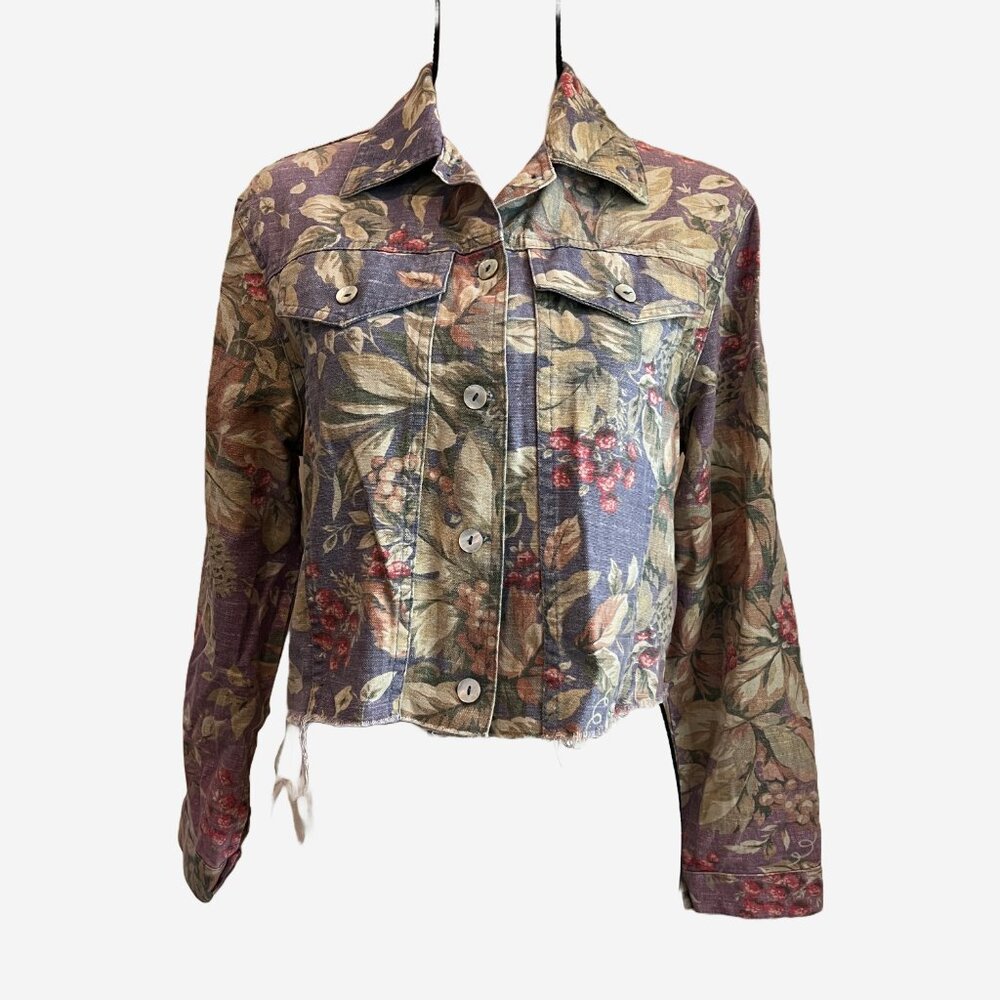 Vintage 90s Distressed Floral Pale Lavender Purple Lightweight Jean Jacket Sz S